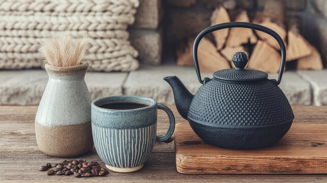 Stylish cast iron teapot and mug set