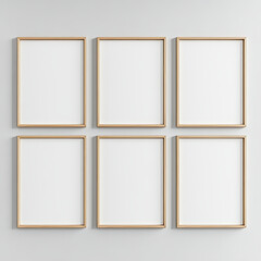 Blank picture frames arranged in a grid on a light wall, suitable for displaying artwork or photographs, great for home decor and interior design ideas