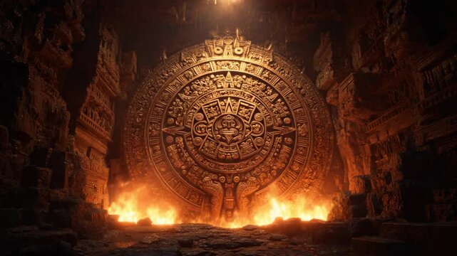 ancient sanctuary altar with Mayan sculpture wall with fire burning 