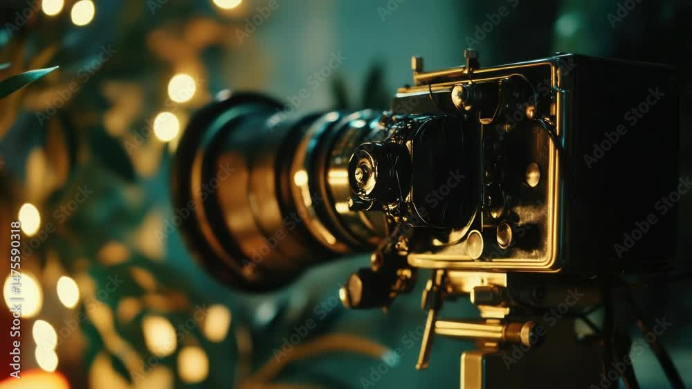 Poster a close-up view of a camera mounted on a tripod, ideal for photography and videography projects