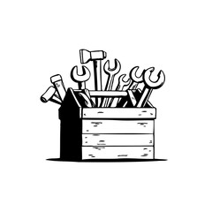 Illustrated toolbox brimming with various hand tools in black and white style