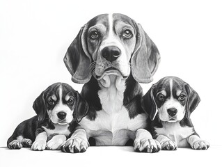 A stunning detailed pencil sketch of a beagle mother and her two adorable puppies against a plain white background.