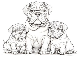 Fototapeta na wymiar A charming illustration depicts an adult bulldog and two adorable puppies sitting together in a heartwarming family portrait.