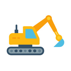 Flat Cartoon Excavator Isolated on Black Background Vector