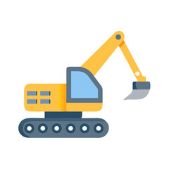 Yellow excavator cartoon on black background, industrial machine