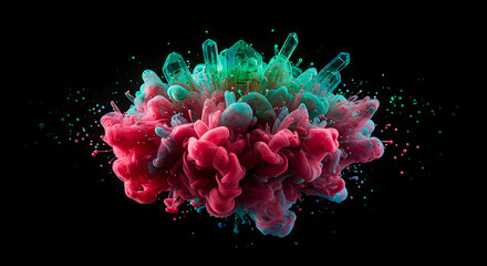 Obraz premium Vibrant Ink Cloud Forming Around Geode Crystal Cluster on Black