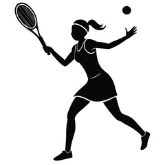  A silhouetted figure of a woman playing tennis, mid-swing as she hits the ball with her racket 