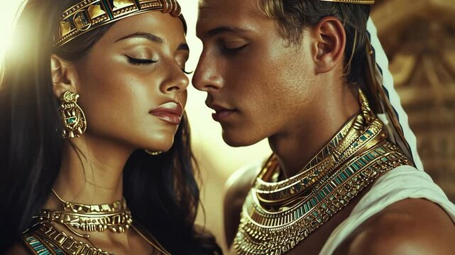 love couple man and woman wearing ancient Egypt king and queen costume standing together look elegance 