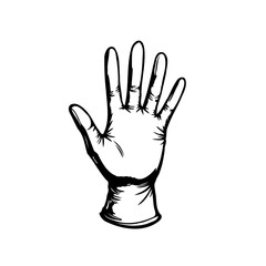 Stylized black-and-white illustration of a human hand raised in an open gesture