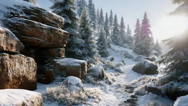 Snowy path through winter forest