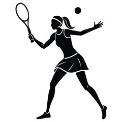  A silhouetted figure of a woman playing tennis, mid-swing as she hits the ball with her racket 