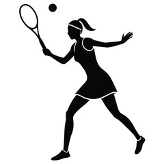  A silhouetted figure of a woman playing tennis, mid-swing as she hits the ball with her racket 