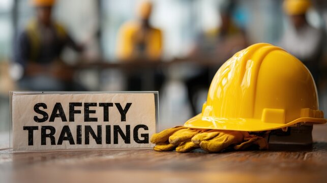 Yellow Safety Helmet and Gloves on Table with Sign Indicating Safety Training for Construction Workers in Modern Workplace Environment