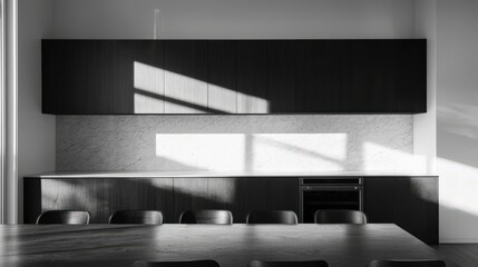 Modern Black and White Kitchen with Sleek Marble Backsplash