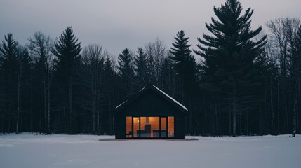 Warm Black House Framed by Snowy Pine Trees in Evening Glow