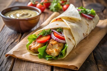 Chicken Kebab Roll On Parchment With Sauce