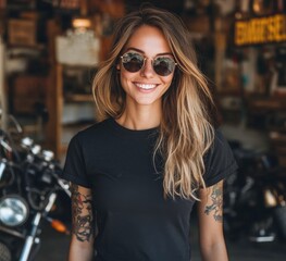 Smiling woman with sunglasses and tattoos at a vintage motorcycle garage, exuding confidence and style in casual black attire and a vibrant atmosphere.