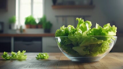 Fresh Green Lettuce in Clear Bowl on Wooden Table in Bright Kitchen with Plants and Natural Light Streaming Through the Window