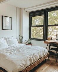 Interior bedroom scene with natural light and wooden accents.