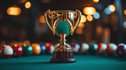 Elegant golden trophy on a green billiard table with colorful pool balls in the background, symbolizing achievement and success in sports and competitions