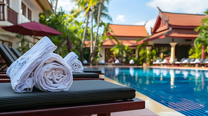 Rolled towels on lounge chairs by resort pool, tropical foliage background; travel brochure