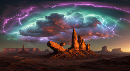 Dramatic Lightning Strikes Over Majestic Desert Buttes at Sunset