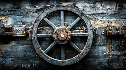 Weathered wooden wheel on aged blue planks, nautical background, historical texture