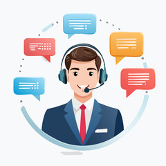 Customer Service Representative with Headset Smiling, Speech Bubbles Around, Friendly Support Vector Illustration