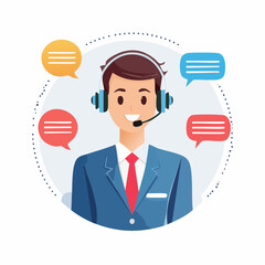 Smiling Customer Service Agent Wearing Headset with Speech Bubbles, Friendly Support and Communication, Flat Vector Illustration