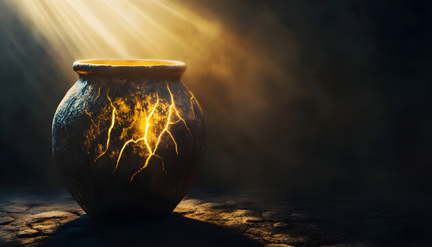 Cracked Clay Jar with Light Beaming Through