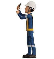 Isolate industrial worker is using the mobile phone  to taking a photo on transparent back ground