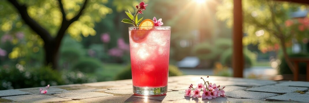 Refreshing pink lemonade drink with floral garnish in sunlit garden setting
