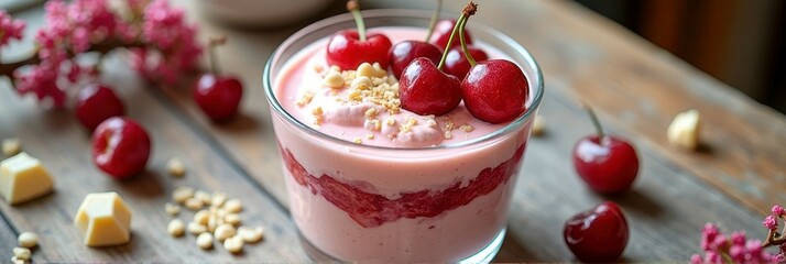 Delicious cherry and yogurt parfait with granola garnish on rustic wooden table