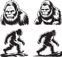 Fototapeta premium Bigfoot Walking Through Forest SilhouetteLegend of the Sasquatch Vector SceneMysterious Bigfoot Shadow in TreesCryptid in the Wilderness Silhouette ArtBigfoot Sighting Silhouette Design