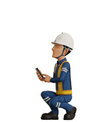 Isolate industrial worker is using the mobile phone on transparent background