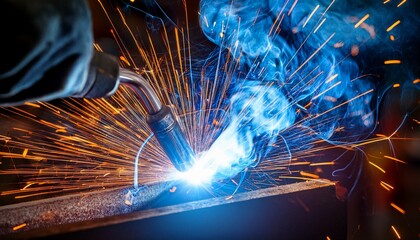 close up of metal welding with sparks and blue flame