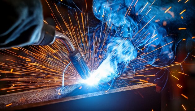 close up of metal welding with sparks and blue flame