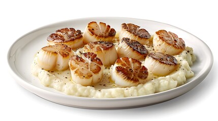 Seared scallops with truffle oil and cauliflower pur&eacute;e, arranged artfully on a white ceramic plate, isolated on white background.
