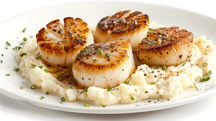 Seared scallops with truffle oil and cauliflower pur&eacute;e, arranged artfully on a white ceramic plate, isolated on white background.