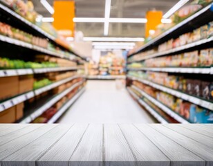 empty white table top blurred super market shelf background