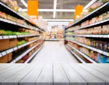 empty white table top blurred super market shelf background