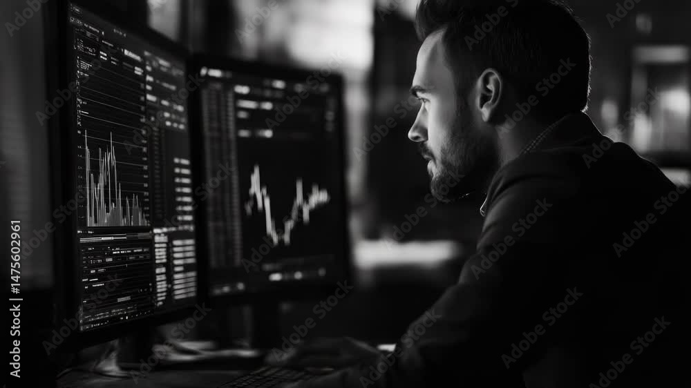 Poster a person seated in front of dual computer screens, likely focused on work or research