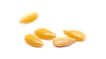 Macro golden flax seed, linseed isolated on white background, side view	