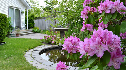 Fototapeta premium Peaceful backyard garden with pond, flowers, and house. Relaxing spring scene for home decor