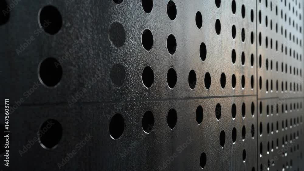 Poster a detailed view of a metal wall with multiple holes, suitable for use in industrial or mechanical co