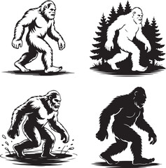 Fototapeta premium Bigfoot Walking Through Forest SilhouetteLegend of the Sasquatch Vector SceneMysterious Bigfoot Shadow in TreesCryptid in the Wilderness Silhouette ArtBigfoot Sighting Silhouette Design