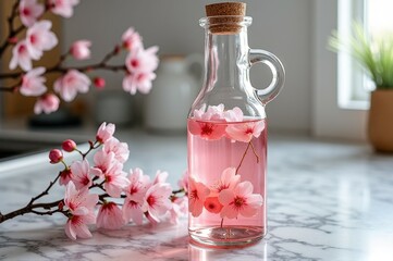 Cherry blossom infused water bottle on marble counter in sunlit kitchen