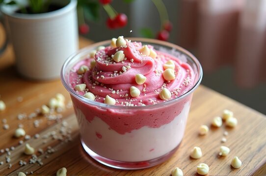 Delicious strawberry and vanilla swirl yogurt with white chocolate toppings in glass bowl