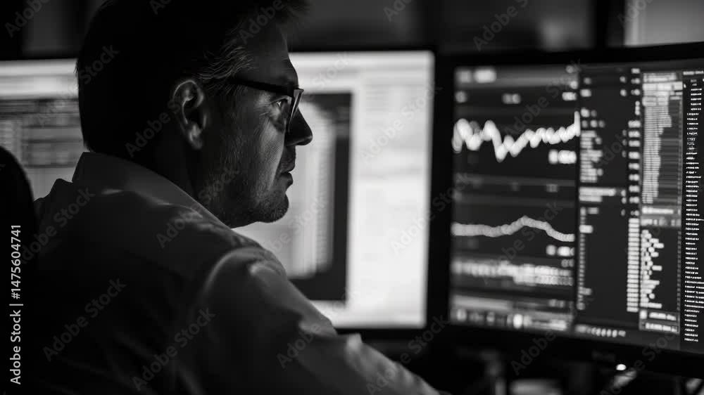 Poster a person seated in front of dual computer screens, likely working or gaming