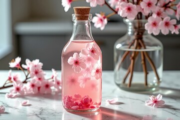 Cherry blossom infused water in elegant glass bottle on marble counter